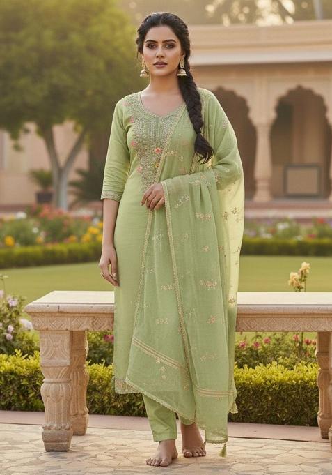 Green Embroidery Chanderi Kurta Set