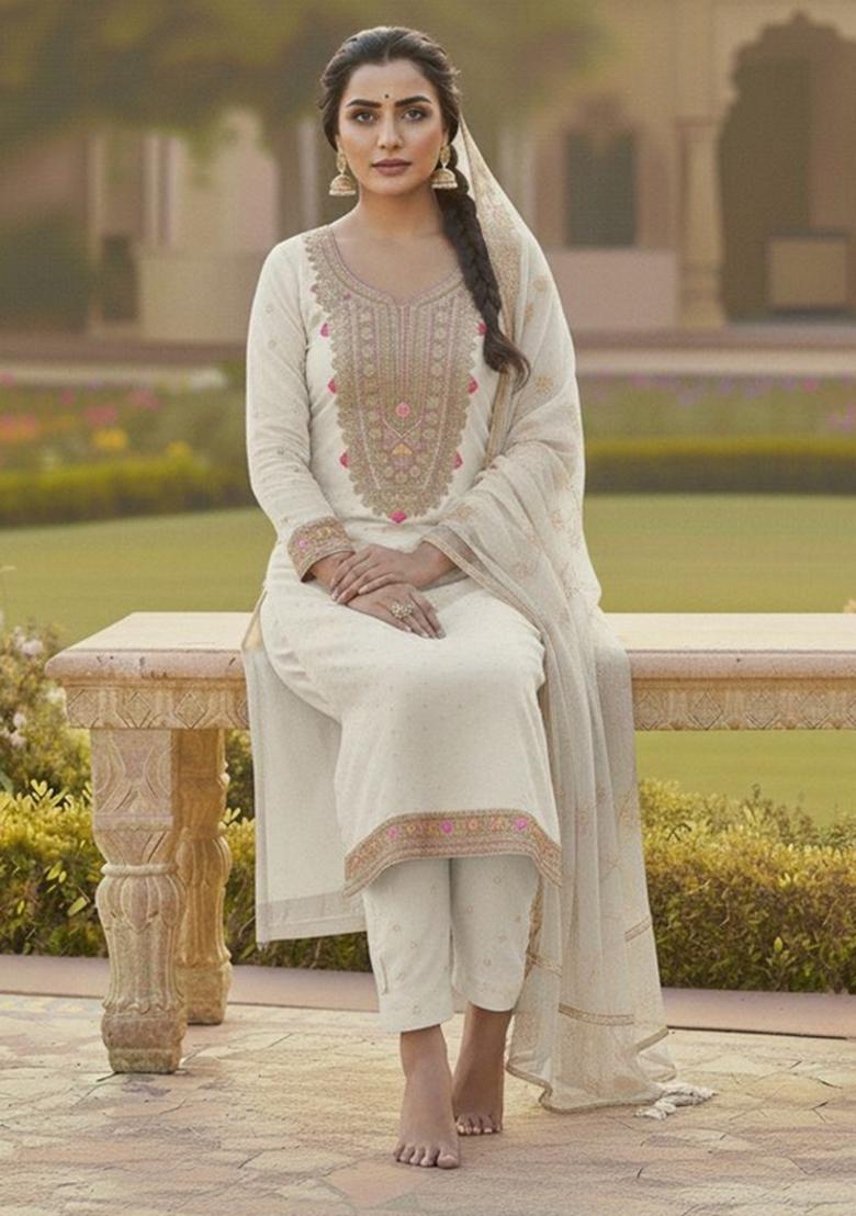 Off White Embroidery Chanderi Kurta Set - Indya