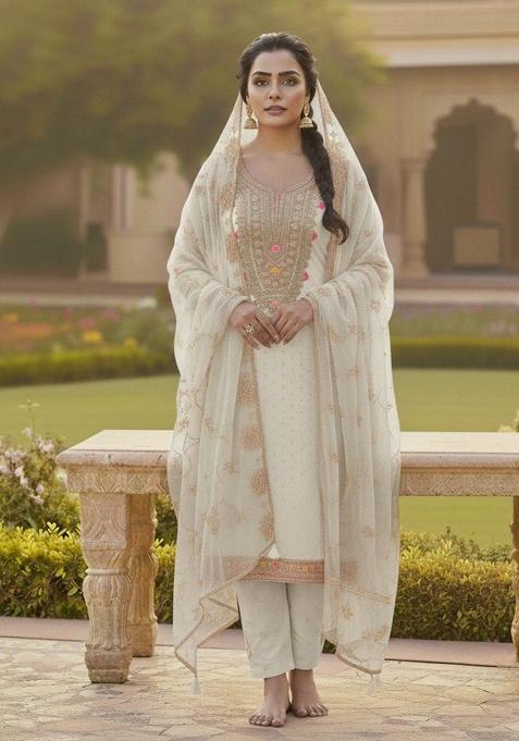 Off White Embroidery Chanderi Kurta Set