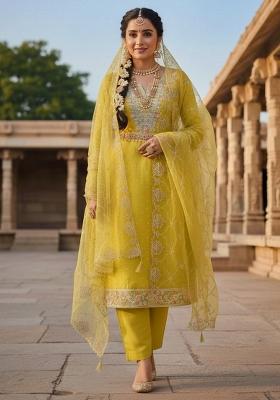 Mustard Embroidery Chanderi Kurta Set