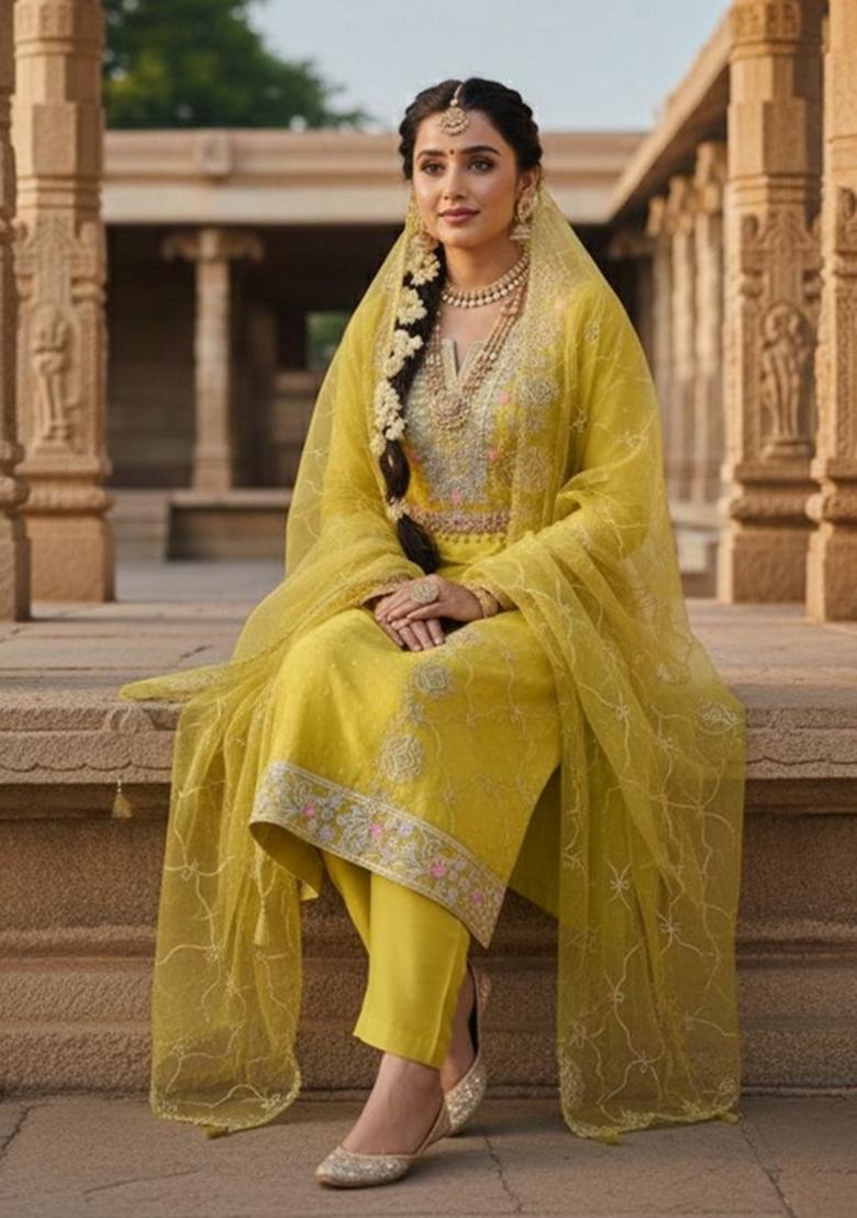 Mustard Embroidery Chanderi Kurta Set - Indya
