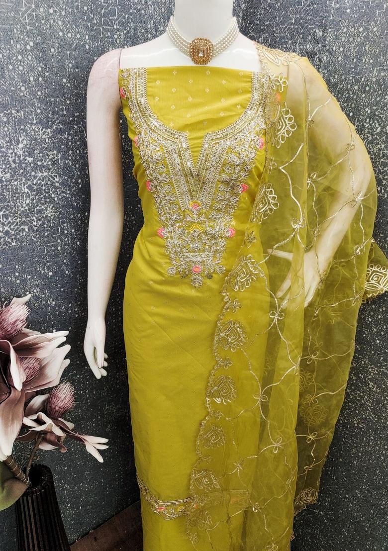 Mustard Embroidery Chanderi Kurta Set - Indya