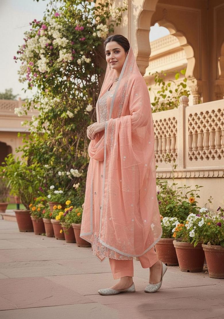 Rust Embroidery Chanderi Kurta Set - Indya