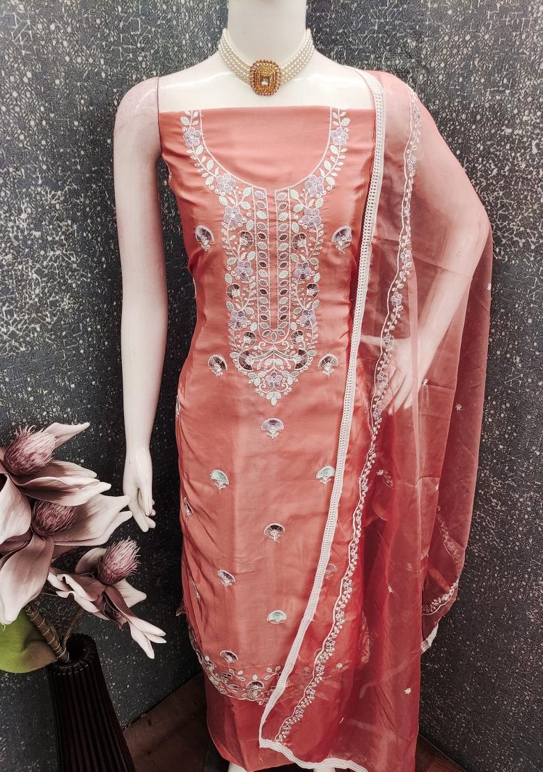 Rust Embroidery Chanderi Kurta Set - Indya