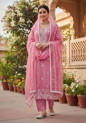 Pink Embroidery Chanderi Kurta Set