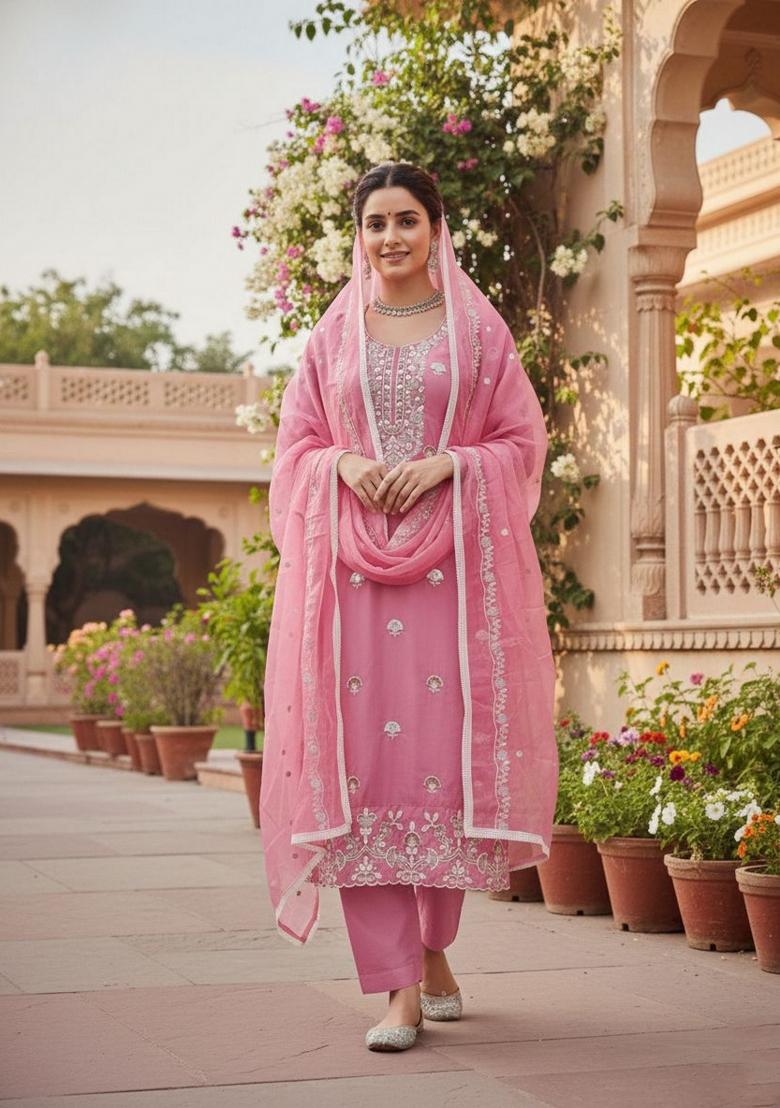 Pink Embroidery Chanderi Kurta Set - Indya