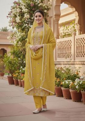 Yellow Embroidery Chanderi Kurta Set