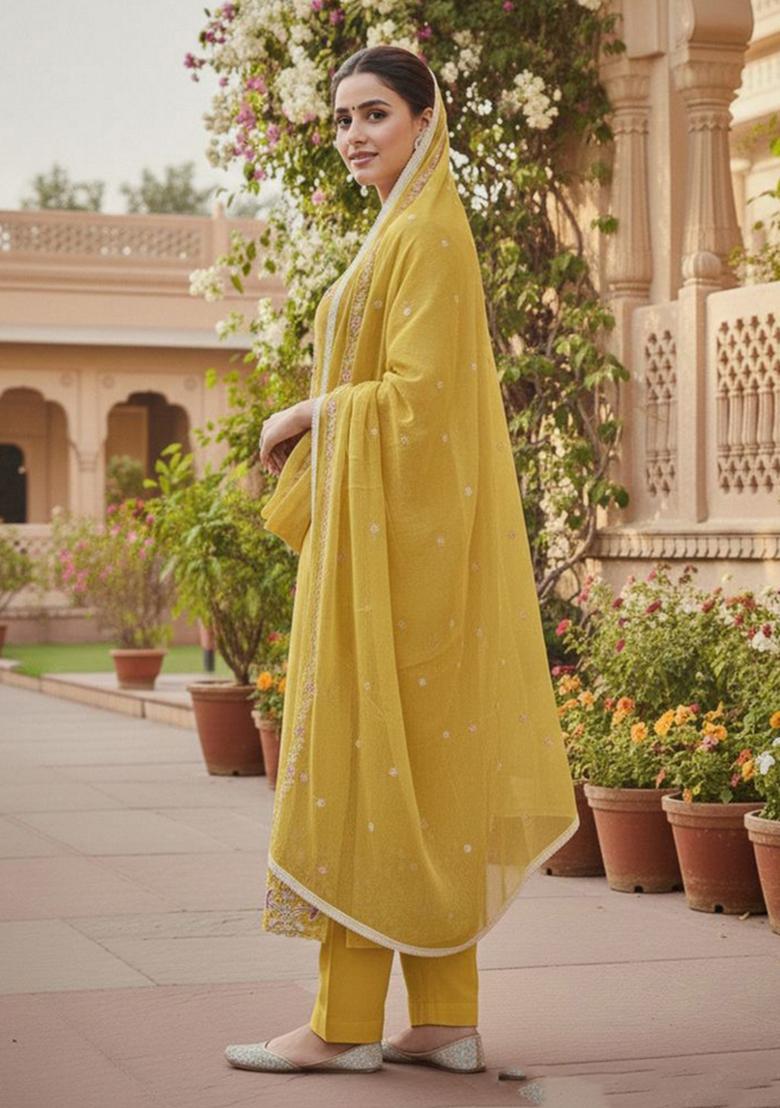 Yellow Embroidery Chanderi Kurta Set - Indya