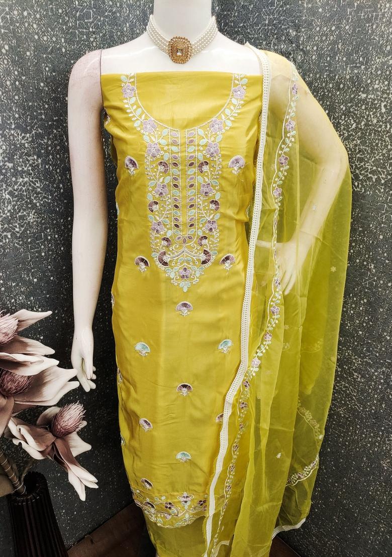 Yellow Embroidery Chanderi Kurta Set - Indya