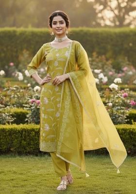 Mustard Embroidery Chanderi Kurta Set