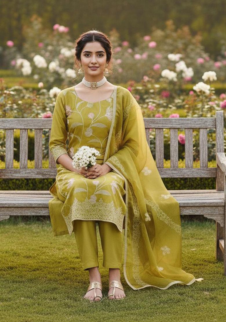 Mustard Embroidery Chanderi Kurta Set - Indya