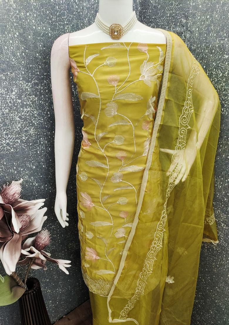 Mustard Embroidery Chanderi Kurta Set - Indya