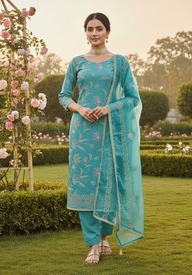 Blue Embroidery Chanderi Kurta Set