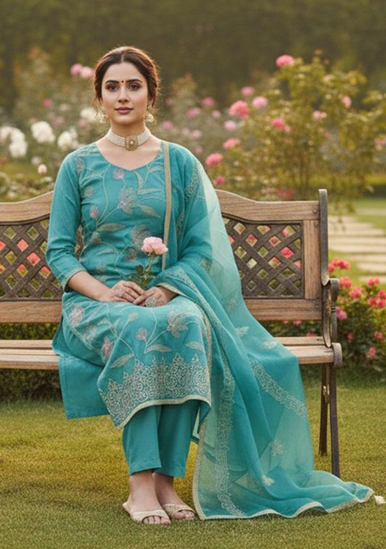 Blue Embroidery Chanderi Kurta Set - Indya