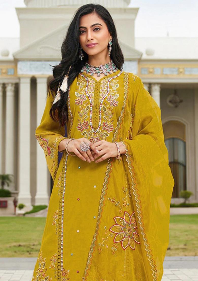 Yellow Embroidery Cotton Kurta Set - Indya