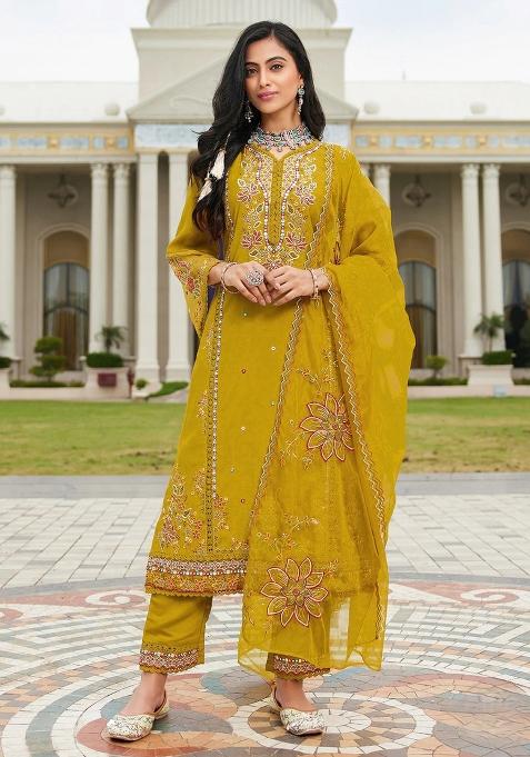 Yellow Embroidery Cotton Kurta Set