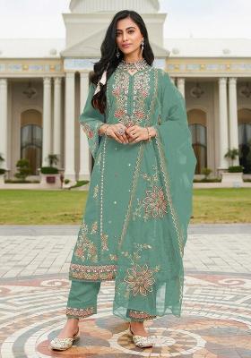 Green Embroidery Cotton Kurta Set