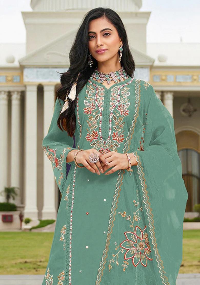 Green Embroidery Cotton Kurta Set - Indya
