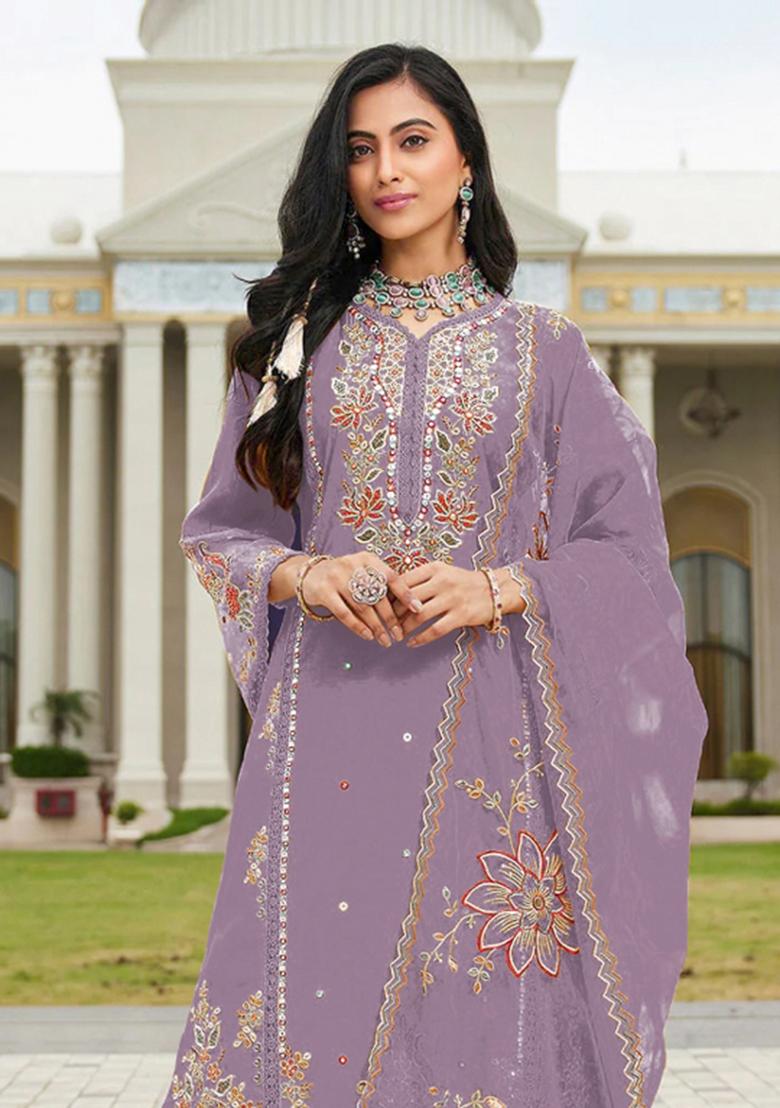 Purple Embroidery Cotton Kurta Set - Indya