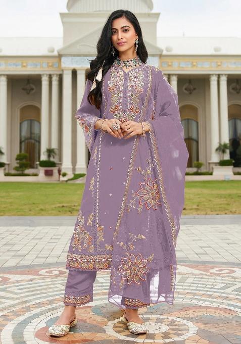 Purple Embroidery Cotton Kurta Set
