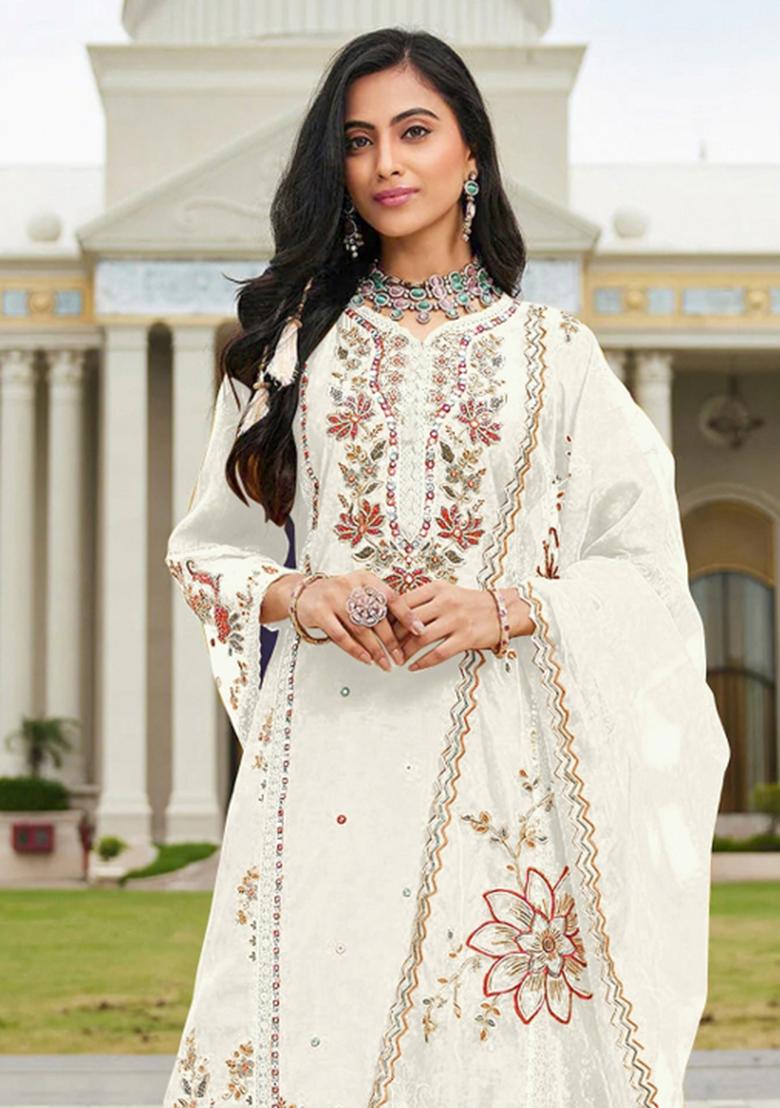 White Embroidery Cotton Kurta Set - Indya