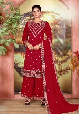 Maroon Embroidery Silk Palazzo Set