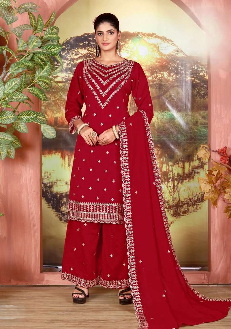 Maroon Embroidery Silk Palazzo Set - Indya