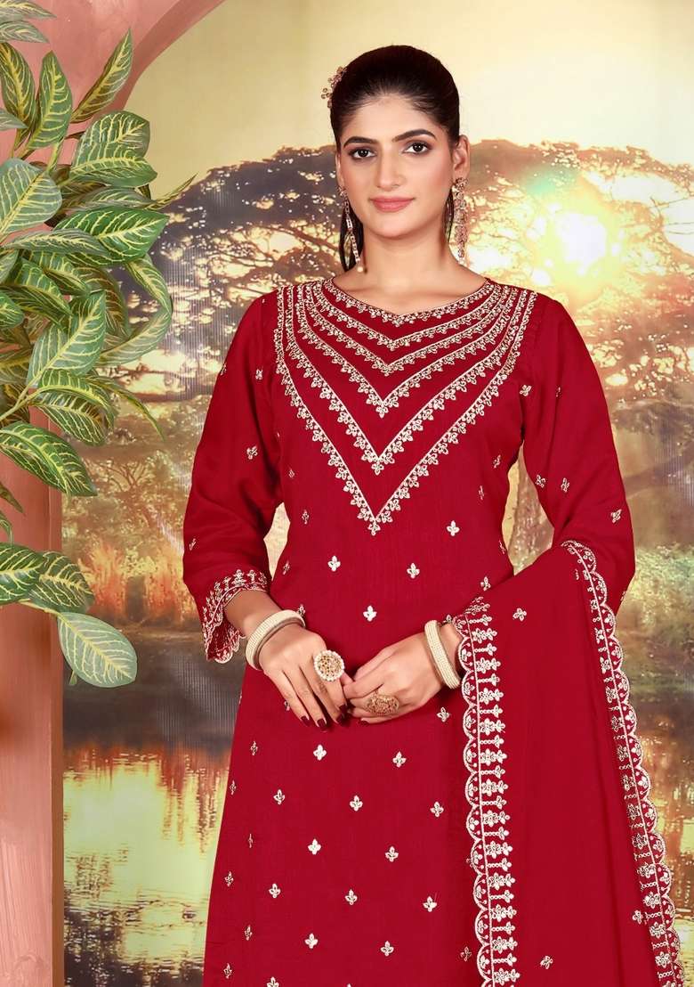 Maroon Embroidery Silk Palazzo Set - Indya