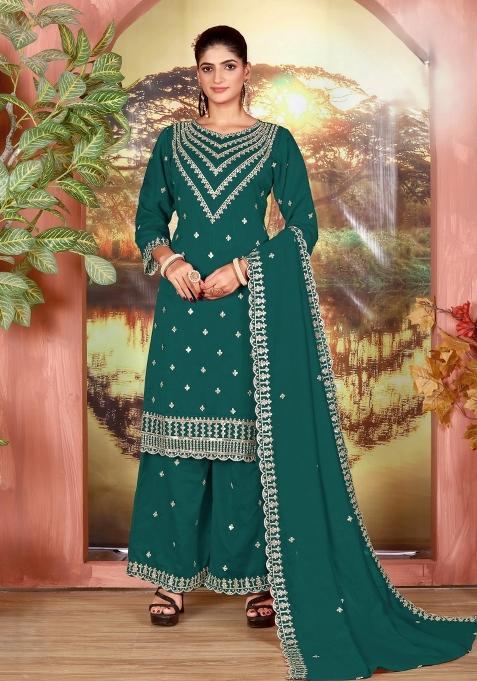 Green Embroidery Silk Palazzo Set