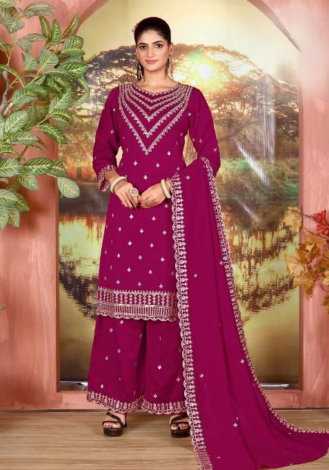 Magenta Embroidery Silk Palazzo Set