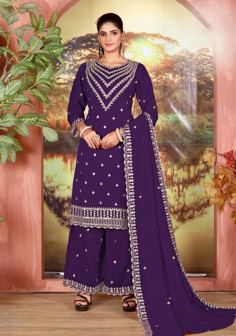 Purple Embroidery Silk Palazzo Set - Indya