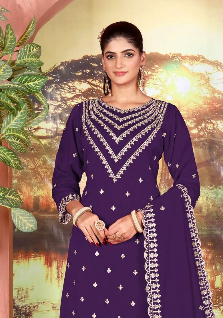 Purple Embroidery Silk Palazzo Set - Indya