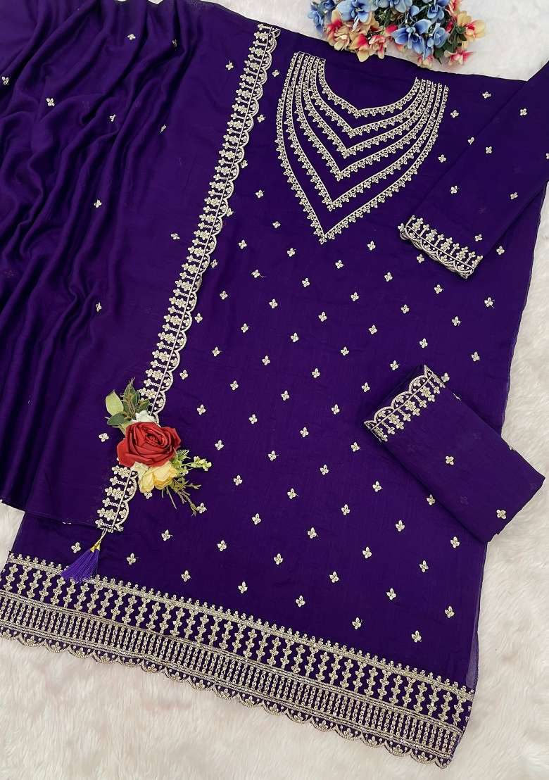 Purple Embroidery Silk Palazzo Set - Indya