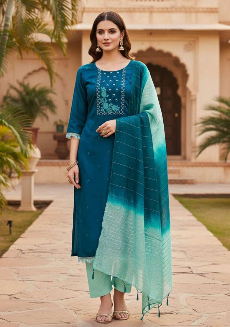 Blue Embroidery Silk Kurta Set - Indya
