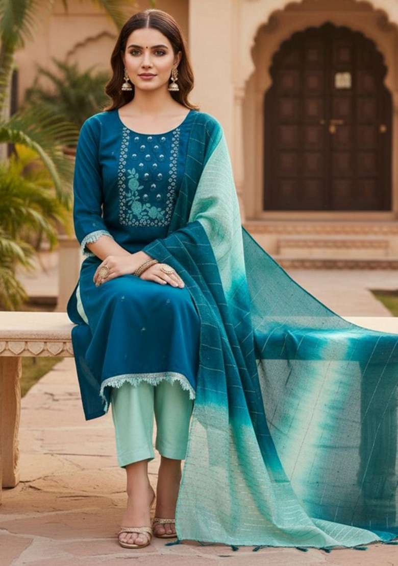 Blue Embroidery Silk Kurta Set - Indya
