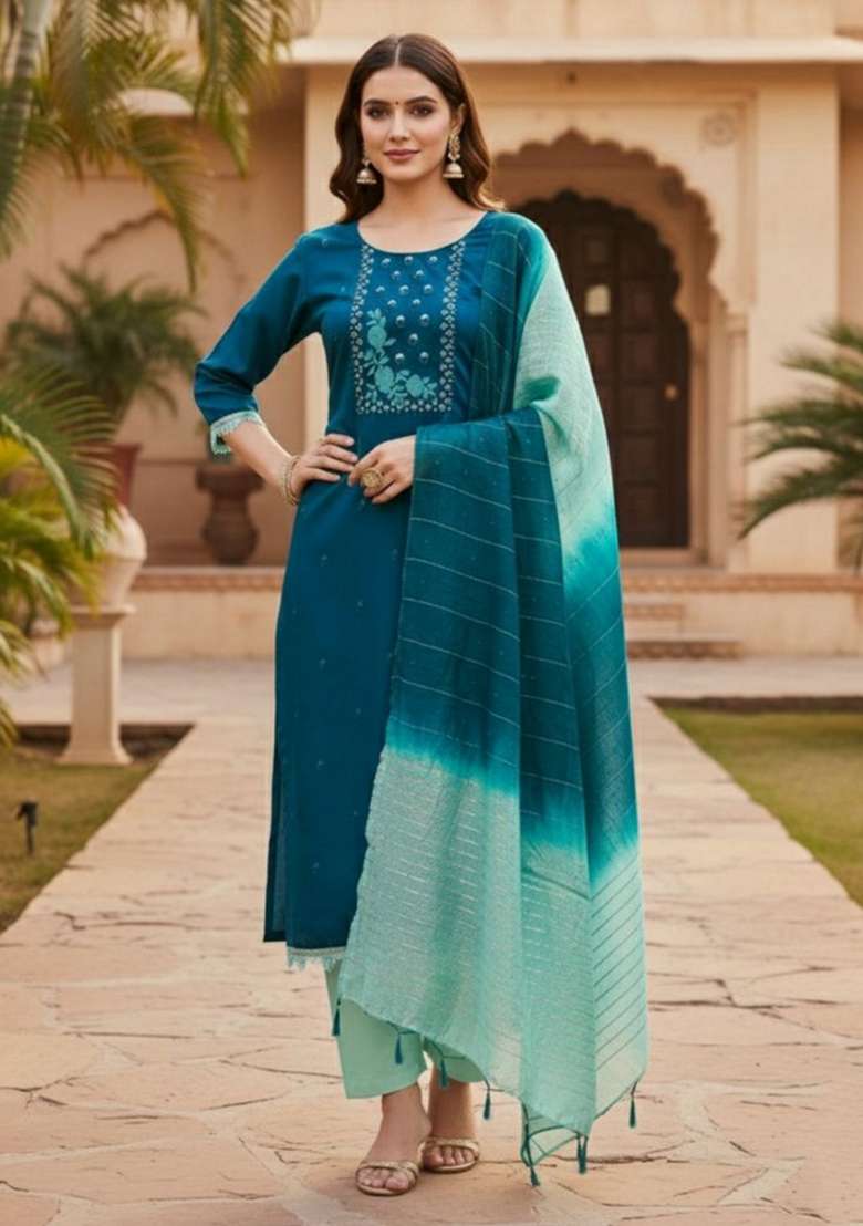 Blue Embroidery Silk Kurta Set - Indya