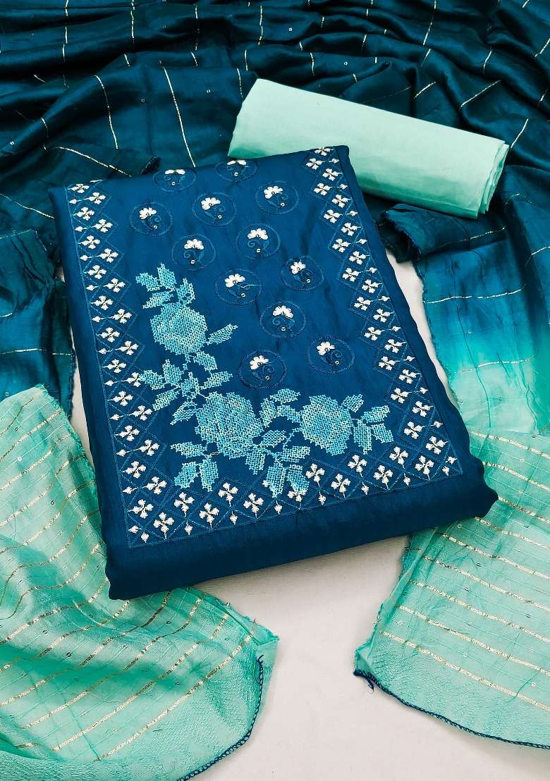 Blue Embroidery Silk Kurta Set - Indya