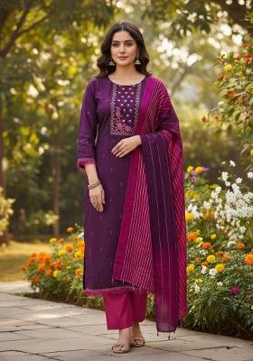 Purple Embroidery Silk Kurta Set