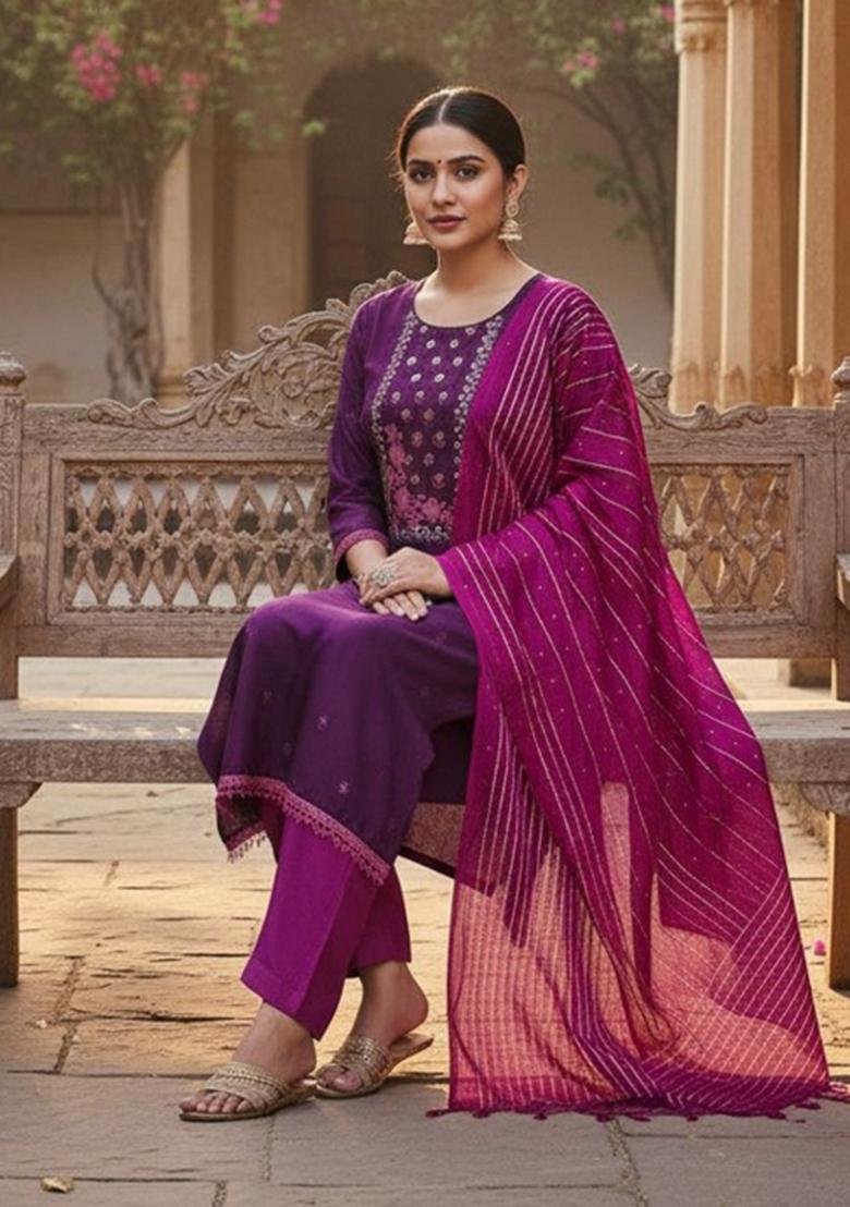 Purple Embroidery Silk Kurta Set - Indya