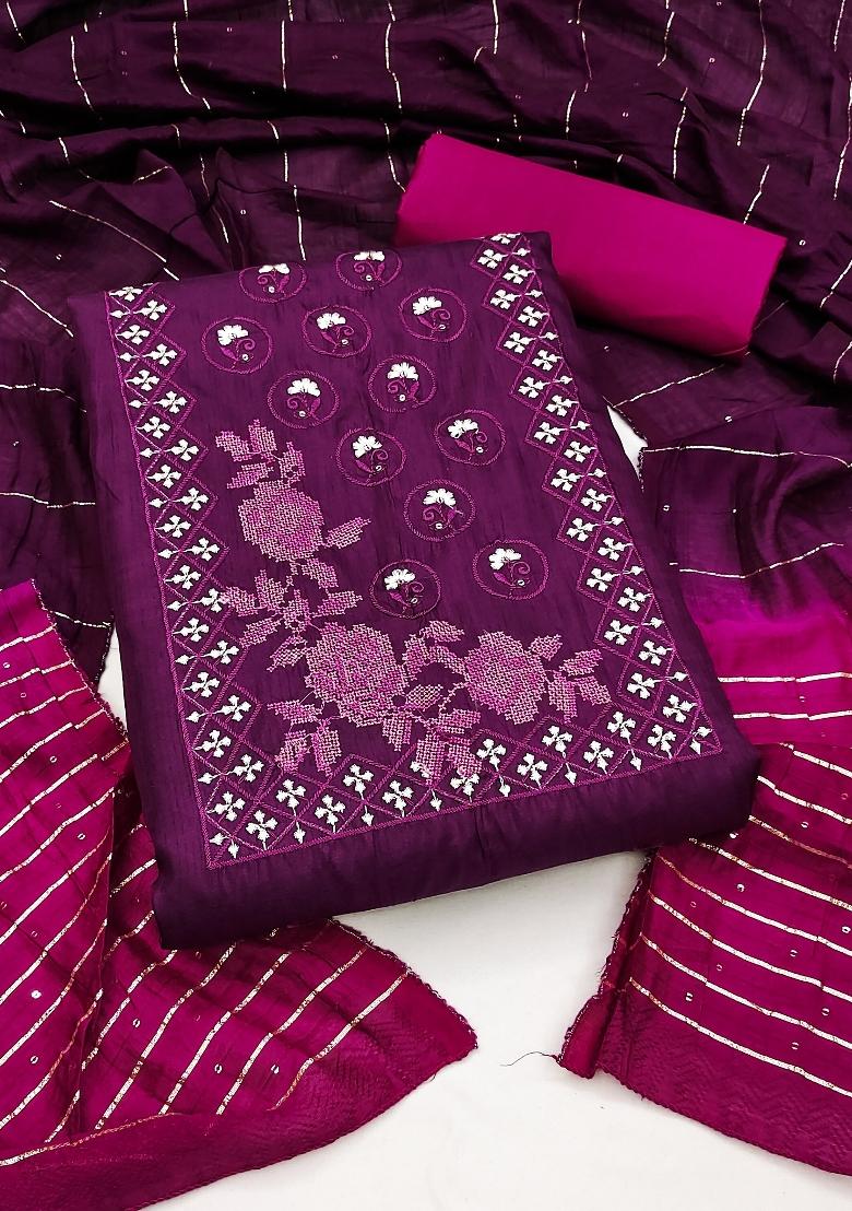 Purple Embroidery Silk Kurta Set - Indya