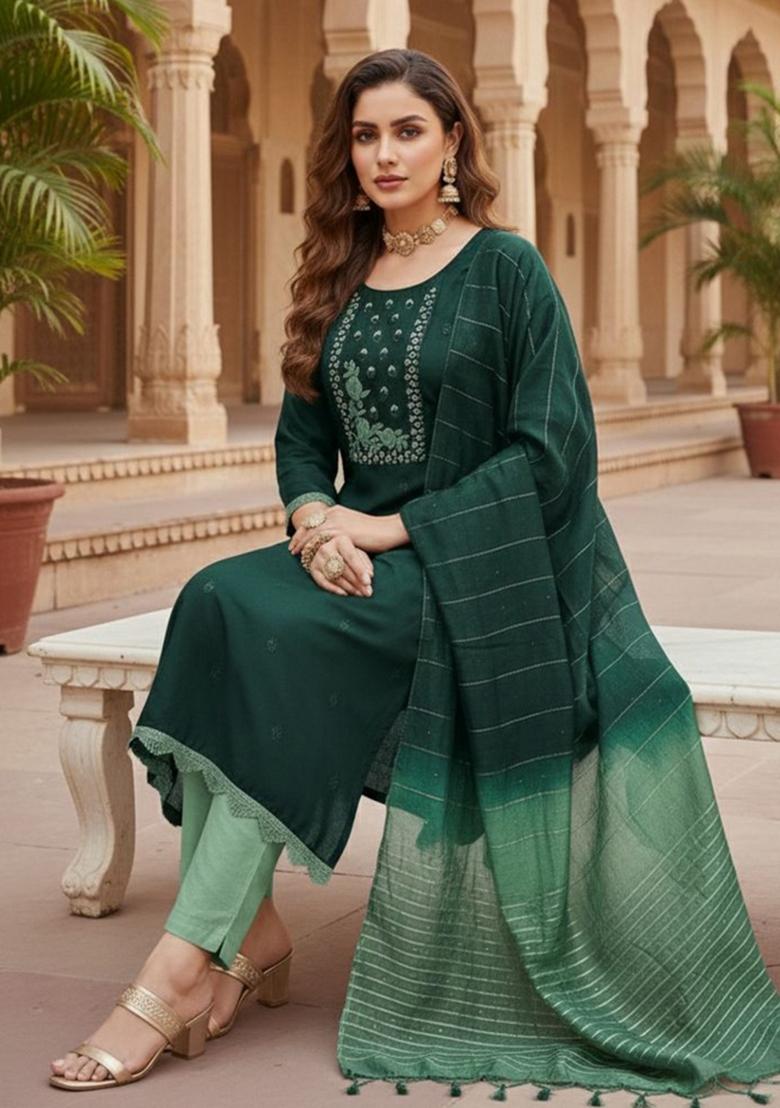 Green Embroidery Silk Kurta Set - Indya