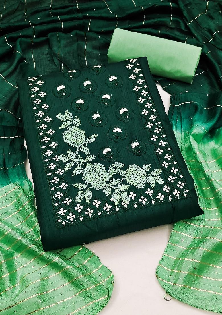 Green Embroidery Silk Kurta Set - Indya