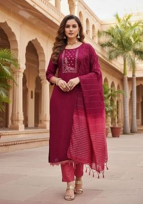 Maroon Embroidery Silk Kurta Set