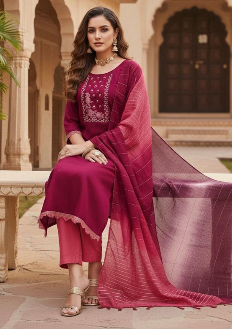 Maroon Embroidery Silk Kurta Set - Indya