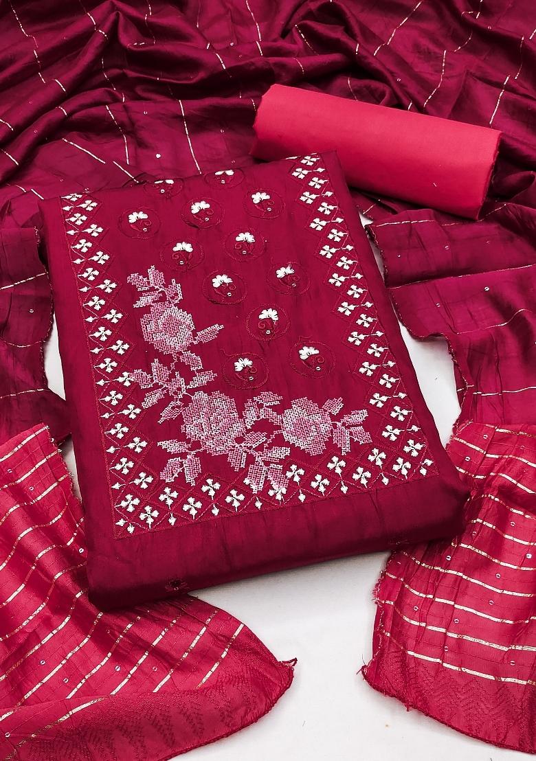 Maroon Embroidery Silk Kurta Set - Indya