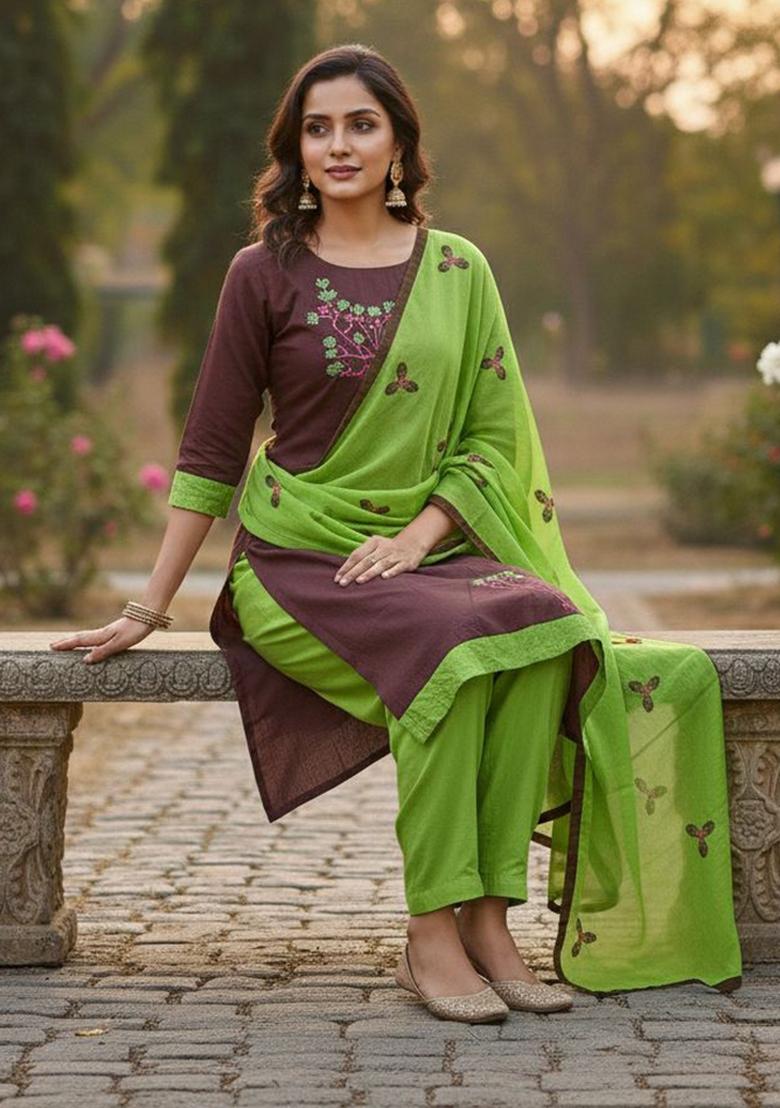 Brown Embroidery Chanderi Kurta Set - Indya