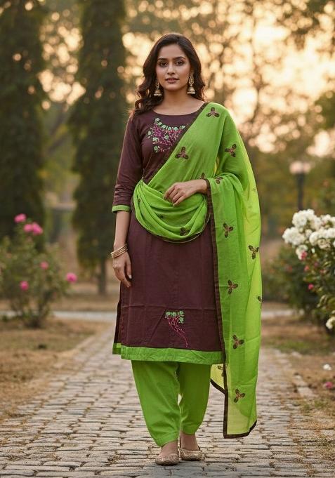 Brown Embroidery Chanderi Kurta Set