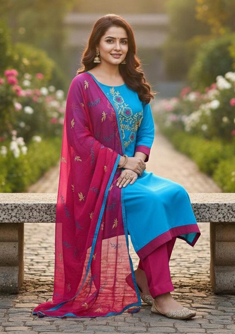 Blue Embroidery Chanderi Kurta Set - Indya