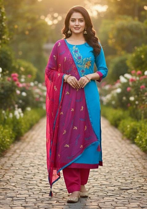 Blue Embroidery Chanderi Kurta Set