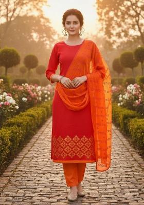 Red Embroidery Chanderi Kurta Set